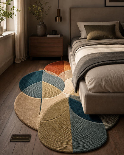 Botanical Leaf Cluster Hand Tufted Rug | Earth Tone Boho Area Rug | Teal & Rust Irregular Shaped Carpet | 3D Textured Nature Room Decor