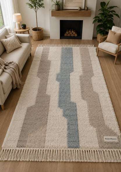 Modern Abstract Moroccan Rug | Cream, Taupe, Dusty Blue Geometric Wool Shag Carpet