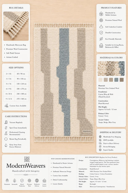 Modern Abstract Moroccan Rug | Cream, Taupe, Dusty Blue Geometric Wool Shag Carpet