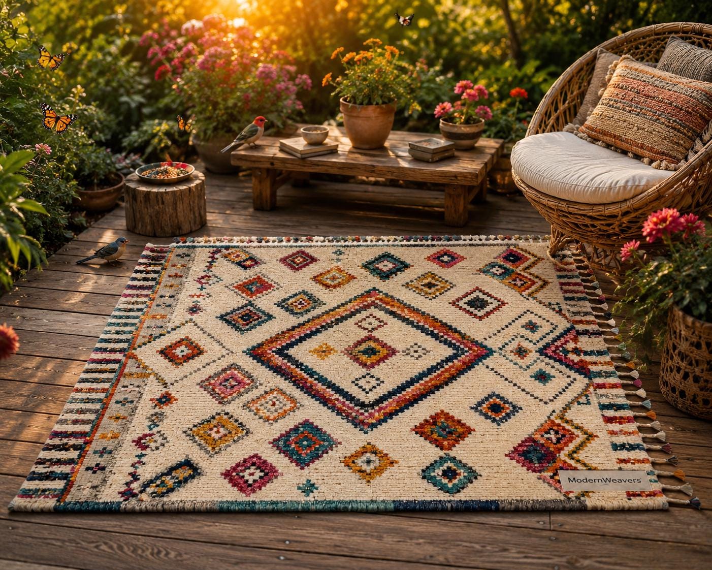 Hand Knotted Moroccan Berber Rug | Colorful Diamond Tribal Wool Carpet | Boho Chic Fringe Rug