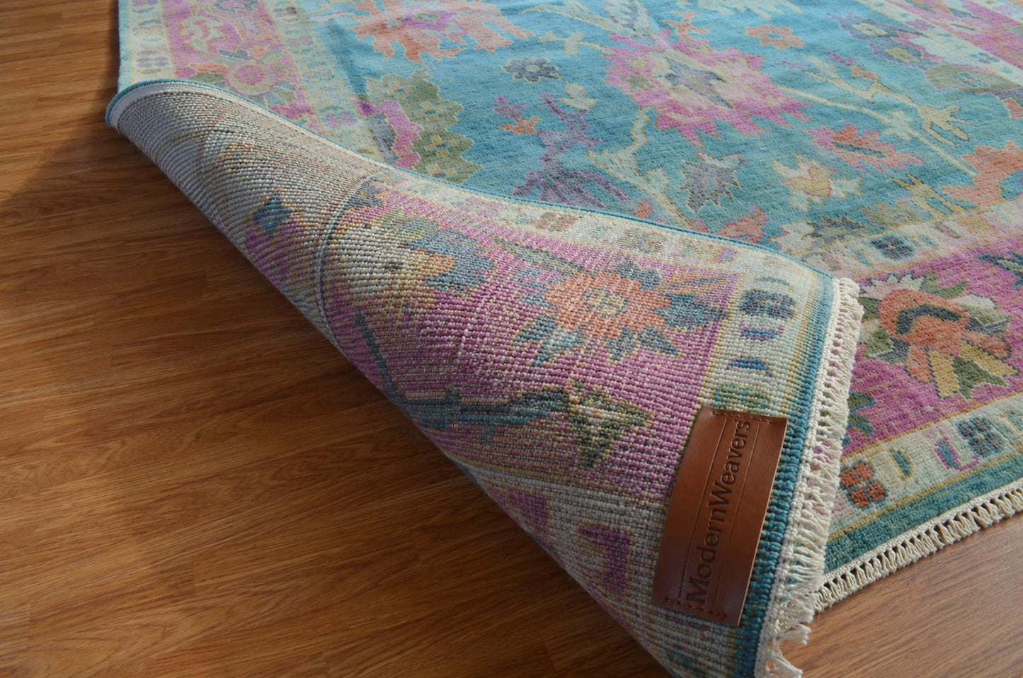 Hand Knotted Oushak Rug | Light Blue & Vibrant Pink Floral Area Rug | Wool Turkish Design Carpet | Pastel Boho Rug for Living Room