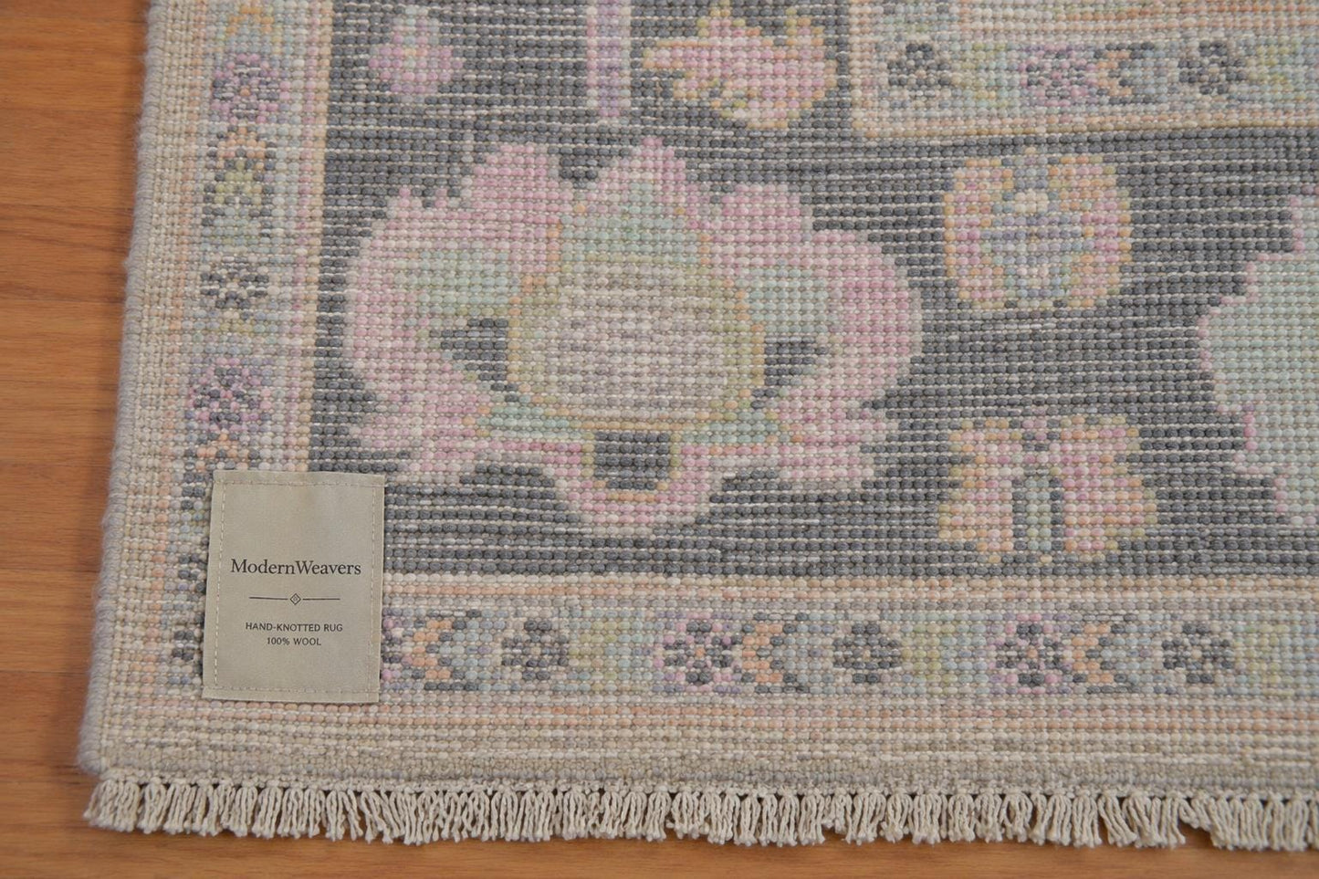 Hand-Knotted Pastel Floral Area Rug | Transitional Oushak Style Carpet | Ivory, Slate Grey, Pink & Blue Wool Rug for Living Room