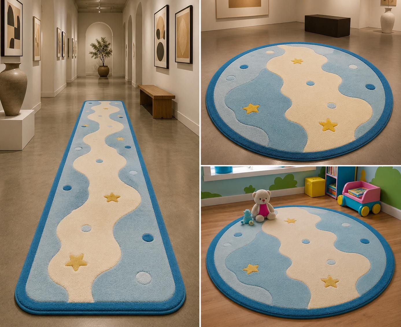 Hand Tufted Cloud Stars Nursery Rug | Pastel Blue Playroom Carpet, Kids Floor Art