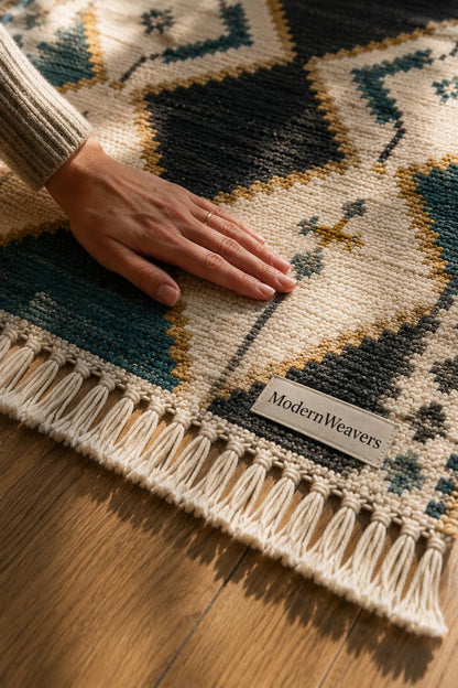 Hand Knotted Moroccan Rug | Teal Blue Mustard Diamond Tribal Carpet