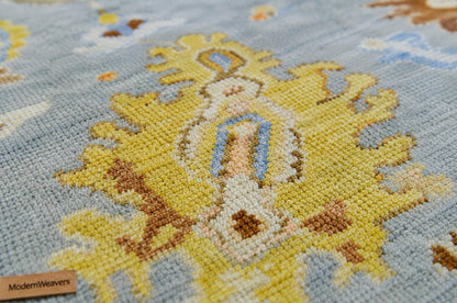 Modern Oushak Rug, Hand Knotted Wool Area Rug, Light Blue and Beige Turkish Style Geometric Floral Rug, 9x12 Area Rug for Living Room
