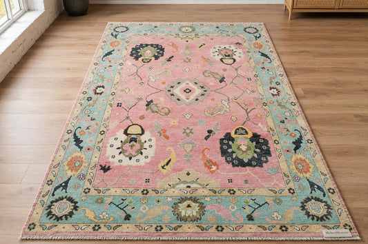 Pink Oushak Rug with Teal Border | ModernWeavers Hand-Knotted Wool Area Rug | Turkish Floral Medallion Carpet for Living Room or Nursery