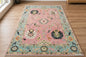 Pink Oushak Rug with Teal Border | ModernWeavers Hand-Knotted Wool Area Rug | Turkish Floral Medallion Carpet for Living Room or Nursery
