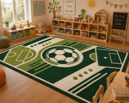Round Soccer Ball Rug | 3D Carved Football Pitch Carpet, Kids Sports Room Decor
