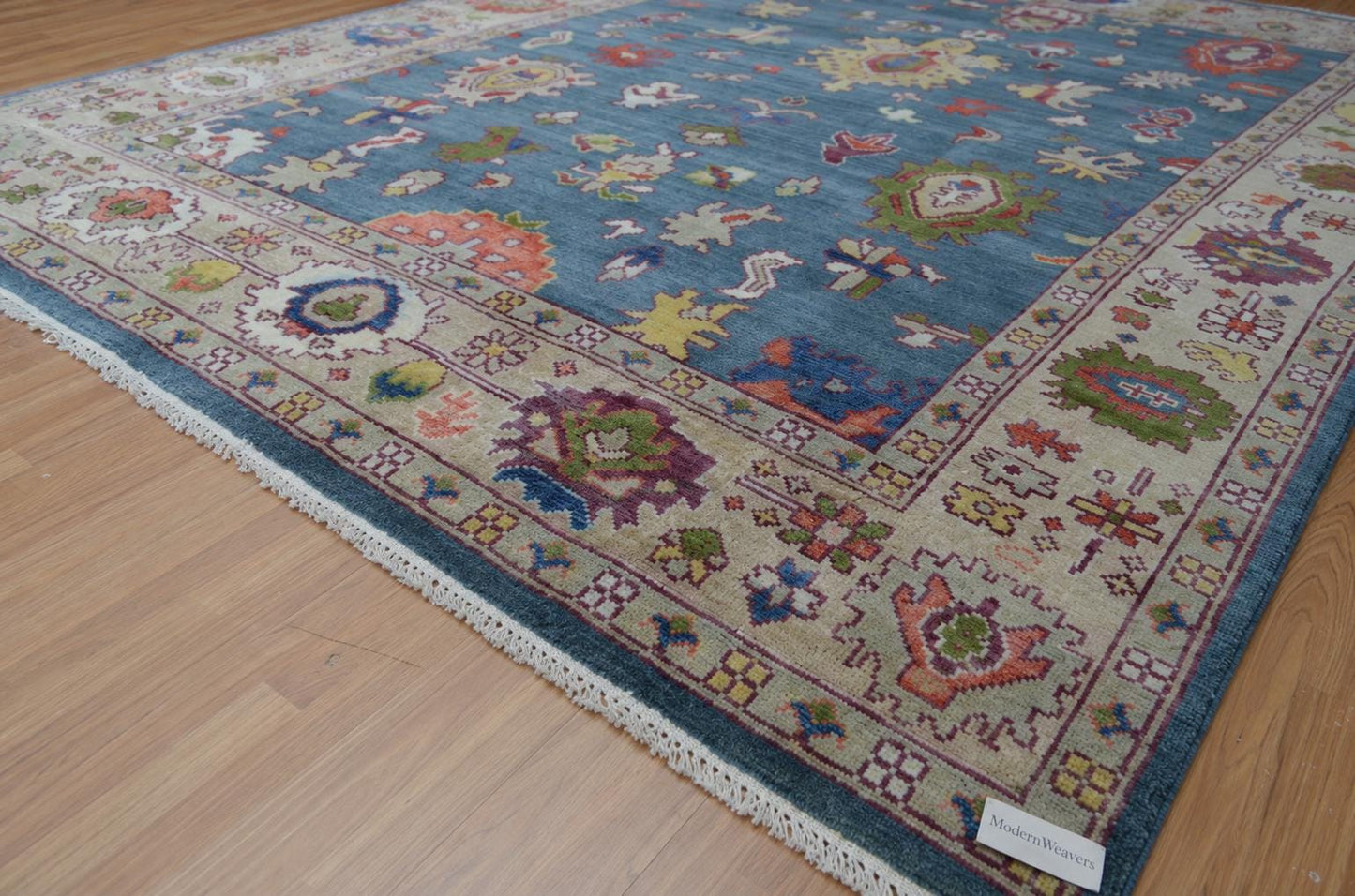 Blue Hand Knotted Rug 8x10, Transitional Turkish Style Area Rug with Pastel Motifs, Pastel Blue and Cream Aesthetic Bedroom Rug