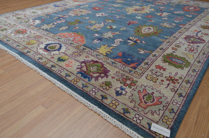 Blue Hand Knotted Rug 8x10, Transitional Turkish Style Area Rug with Pastel Motifs, Pastel Blue and Cream Aesthetic Bedroom Rug