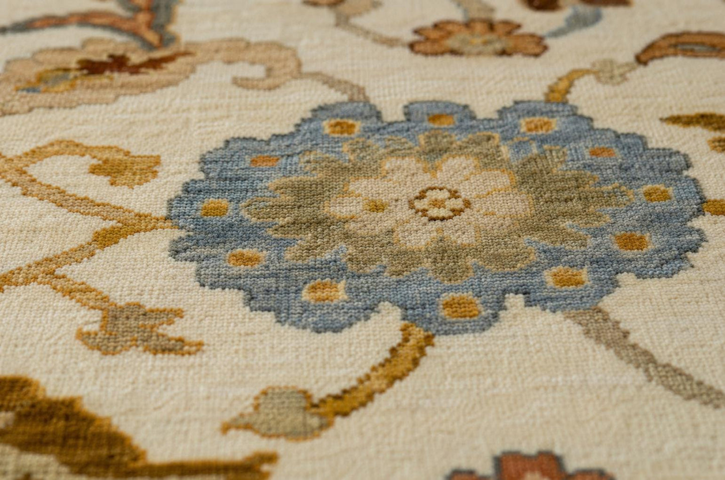Hand-Knotted Transitional Oushak Style Area Rug | Ivory, Muted Gold & Soft Blue Floral Motif