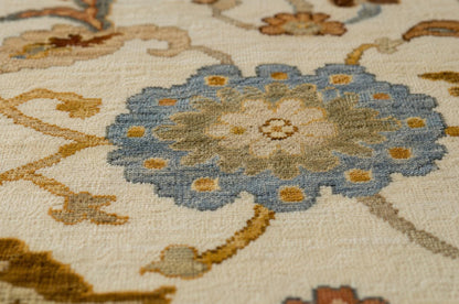 Hand-Knotted Transitional Oushak Style Area Rug | Ivory, Muted Gold & Soft Blue Floral Motif