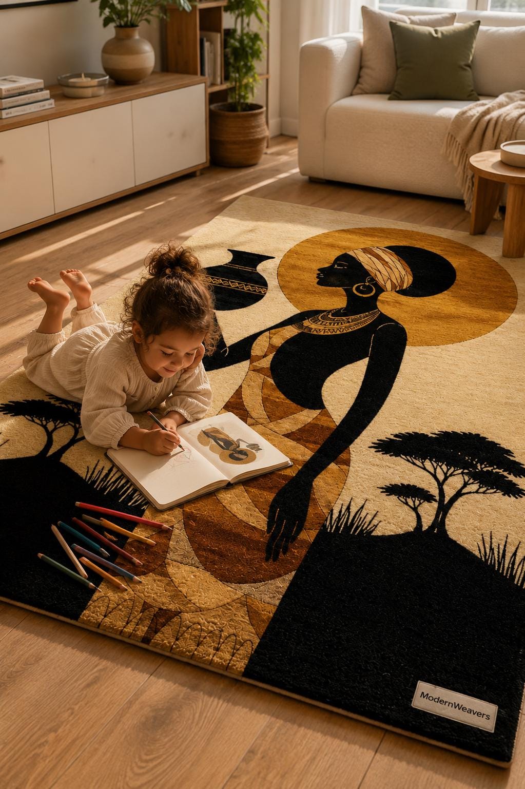 Afrocentric Silhouette Rug | Hand-Tufted African Sunset Floor Art, Boho Decor