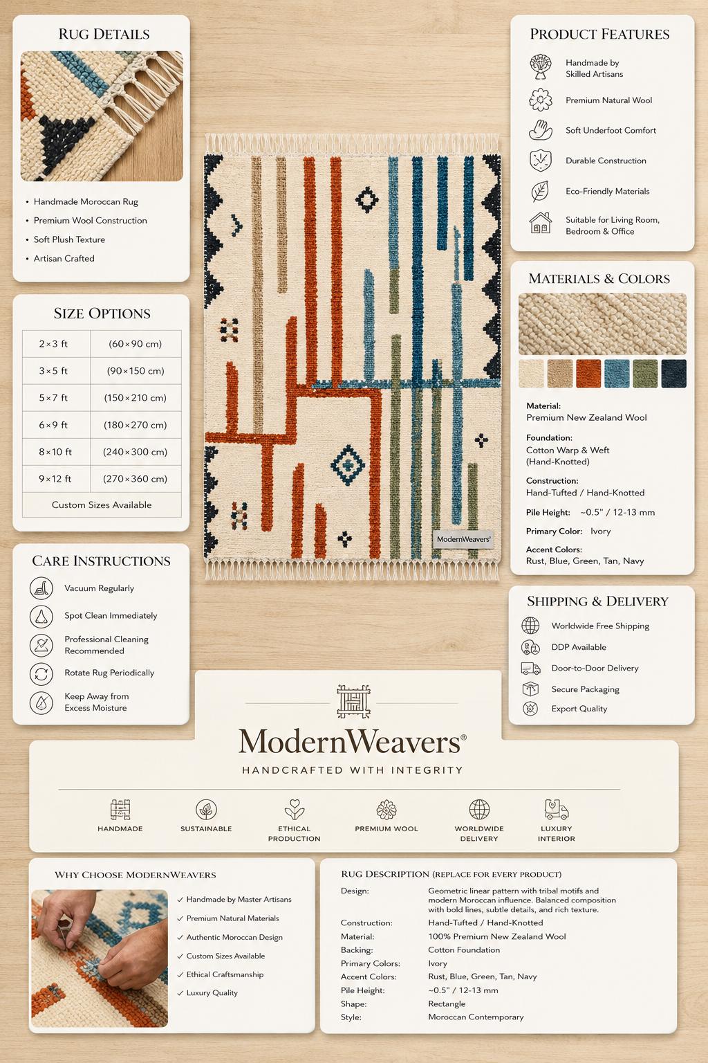 Hand Knotted Moroccan Rug | Abstract Linear Tribal Carpet, Boho Teal Rust Fringed Floor Art