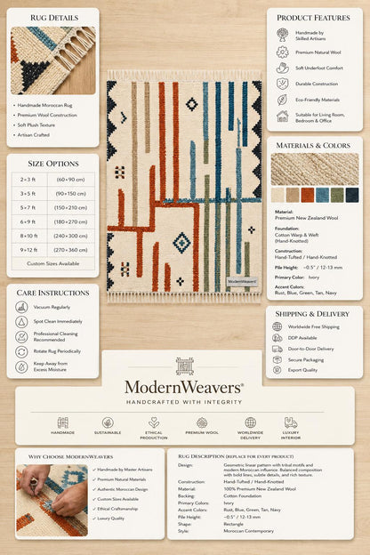 Hand Knotted Moroccan Rug | Abstract Linear Tribal Carpet, Boho Teal Rust Fringed Floor Art