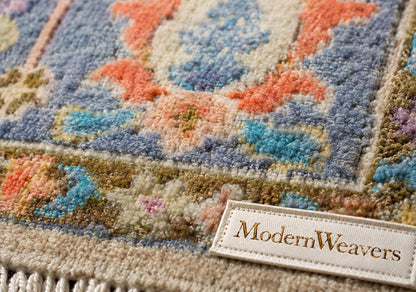 Hand-Knotted Floral Area Rug | Cream & Slate Blue Transitional Rug with Vibrant Geometric Accents | Living Room Bedroom Room Carpet