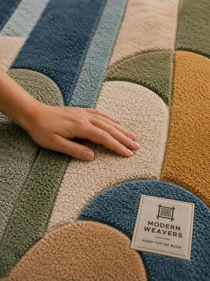 Organic Shape Hand Tufted Rug | Mid-Century Modern Geometric Arch Design | Colorful Retro Carved Area Rug | Abstract Bauhaus Carpet