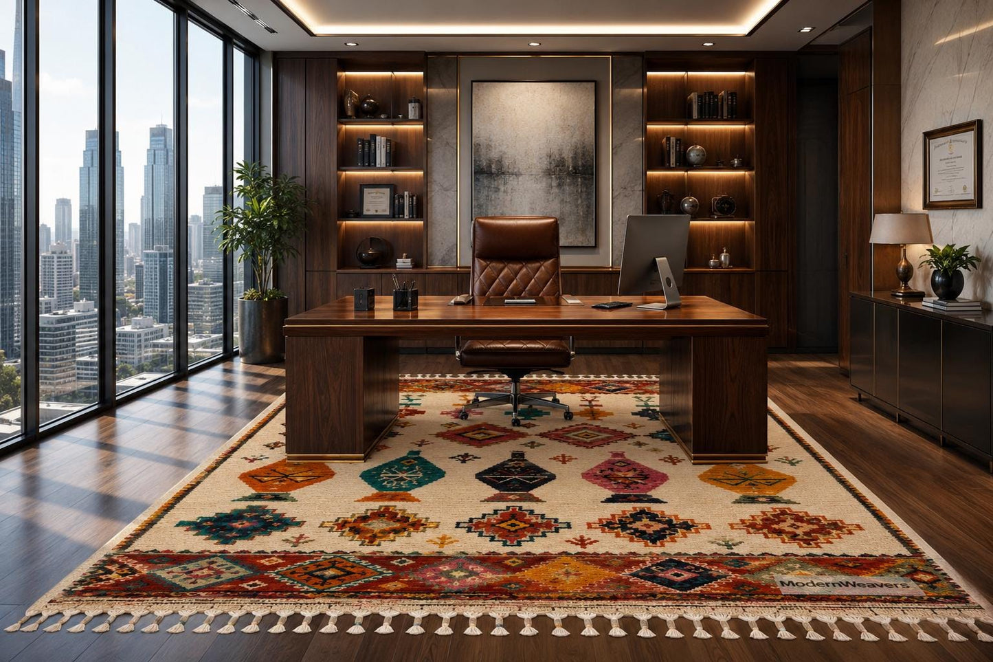 Hand Knotted Moroccan Rug | Colorful Geometric Boho Area Carpet, Jewel Tone Motifs