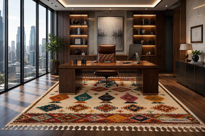Hand Knotted Moroccan Rug | Colorful Geometric Boho Area Carpet, Jewel Tone Motifs