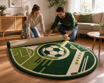 Round Soccer Ball Rug | 3D Carved Football Pitch Carpet, Kids Sports Room Decor
