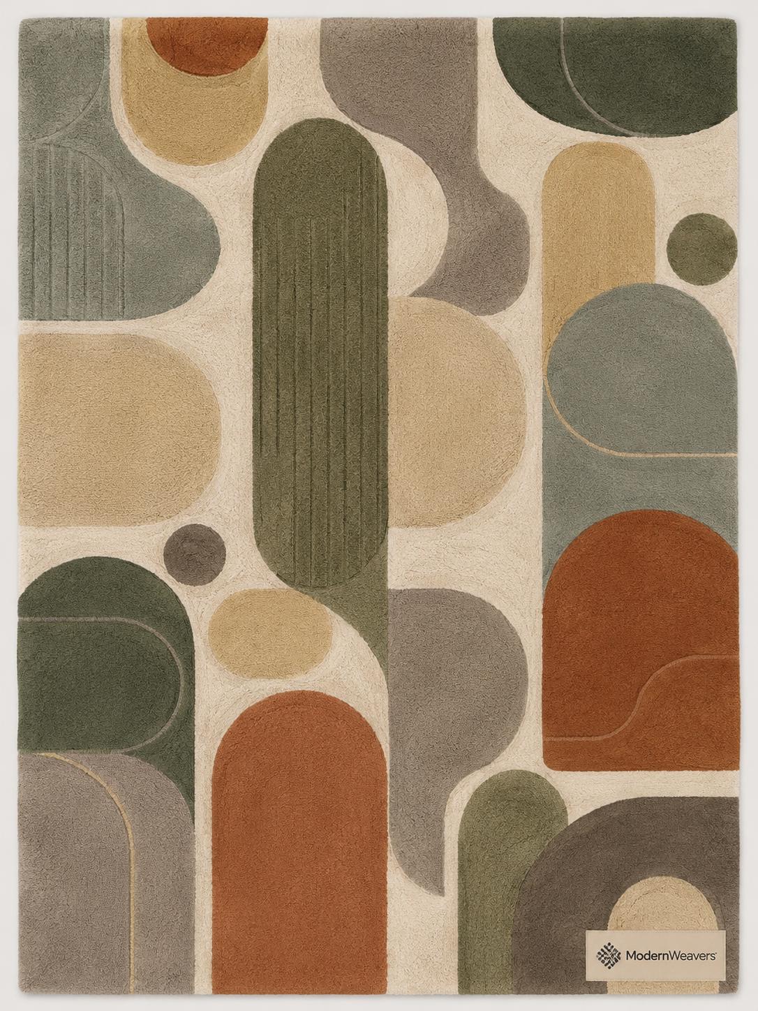 Mid-Century Modern Geometric Area Rug | Hand-Tufted Abstract Arch Design, Earth Tones Carpet