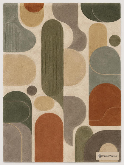 Mid-Century Modern Geometric Area Rug | Hand-Tufted Abstract Arch Design, Earth Tones Carpet