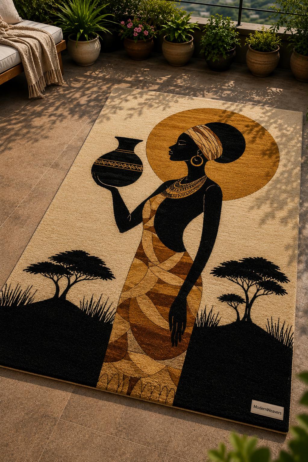Afrocentric Silhouette Rug | Hand-Tufted African Sunset Floor Art, Boho Decor