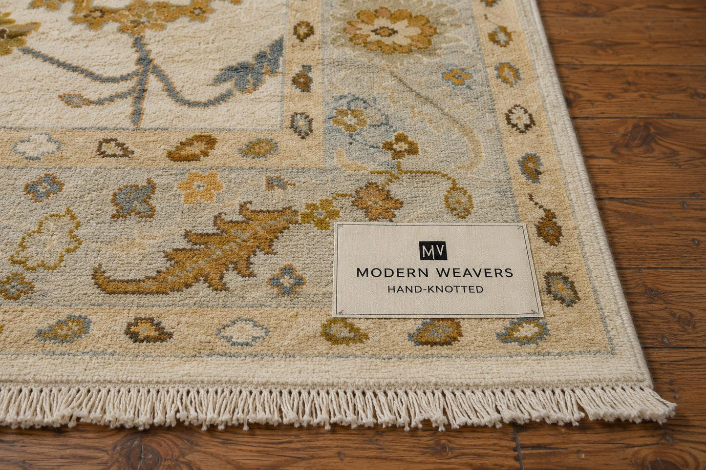 Hand-Knotted Transitional Oushak Style Area Rug | Ivory, Muted Gold & Soft Blue Floral Motif