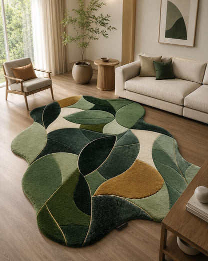 Botanical Leaves Hand Tufted Rug | Modern Abstract Foliage Carpet | Green & Earth Tone Organic Shape Area Rug | Luxury Leaf Pattern Decor