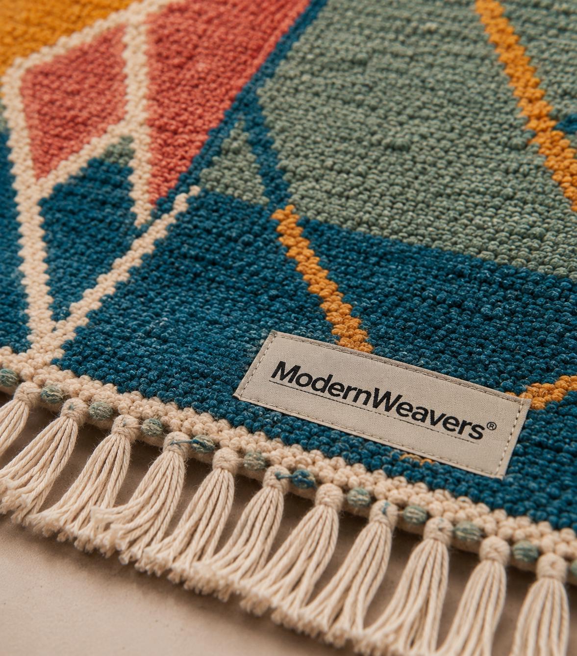 Hand Knotted Moroccan Wool Rug | Abstract Sunset Geometric Carpet, Boho Teal Mustard Coral