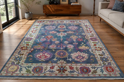 8x10 Hand Knotted Oushak Rug | Dusty Blue and Ivory Floral Wool Area Rug | Pastel Botanical Palmettes | Artisanal Carpet by ModernWeavers