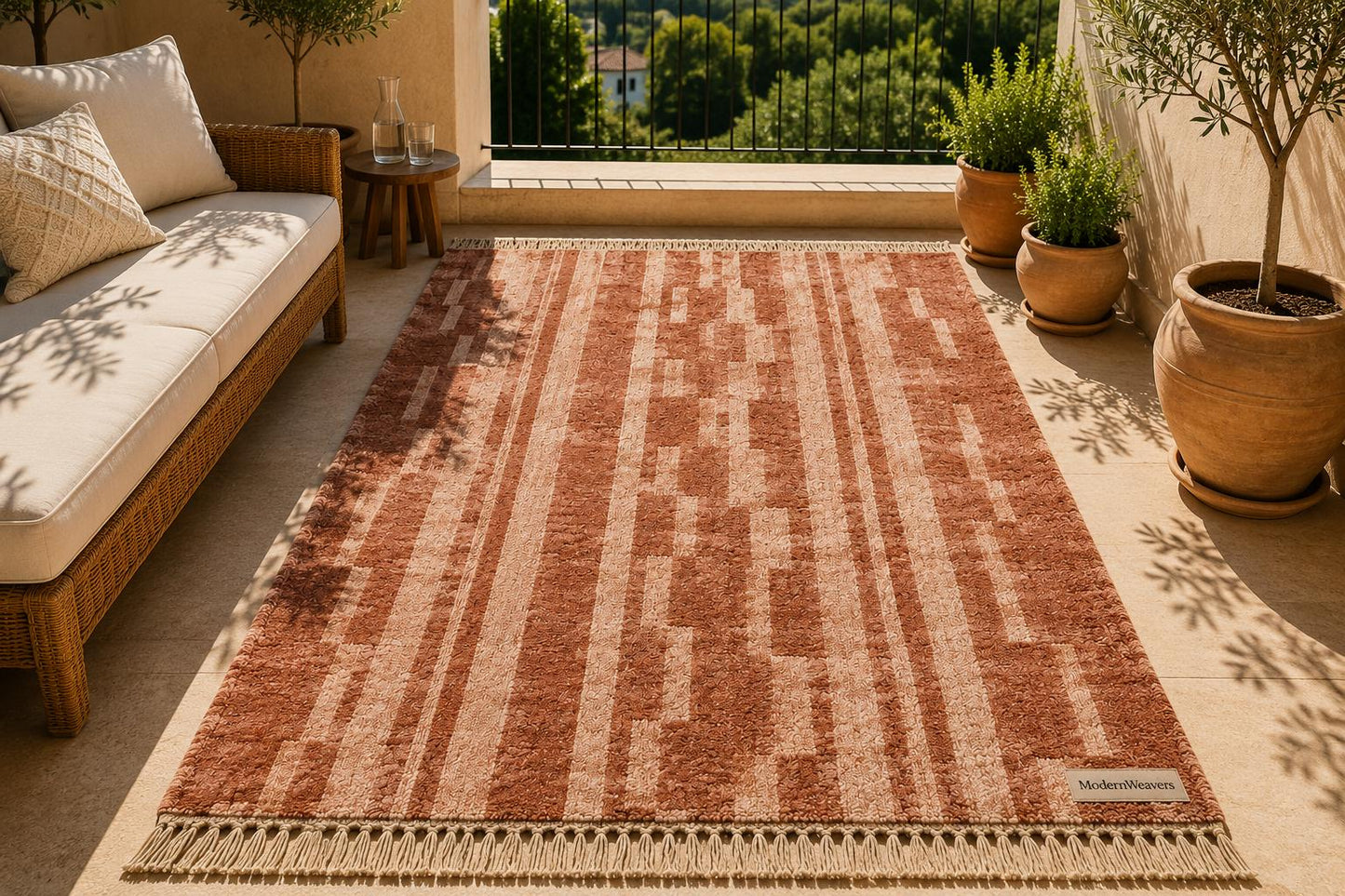 Terracotta Abstract Geometric Wool Rug | Rust Beige Boho Shag Carpet