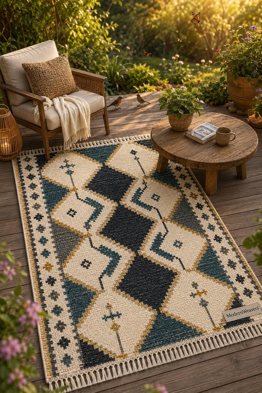 Hand Knotted Moroccan Rug | Teal Blue Mustard Diamond Tribal Carpet