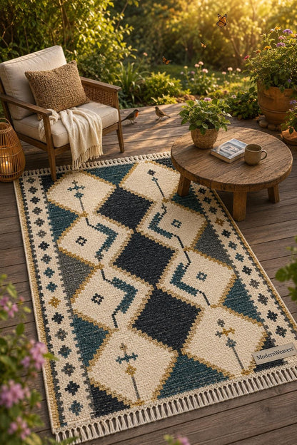 Hand Knotted Moroccan Rug | Teal Blue Mustard Diamond Tribal Carpet