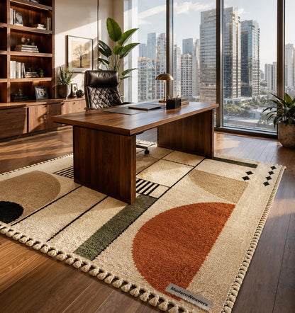 Bauhaus Geometric Moroccan Rug | Terracotta Sage Wool Carpet | Mid Century Modern Area Rug