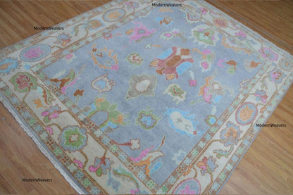 Hand-Knotted Wool Oriental Floral Rug – Soft Blue Pastel Accents, 8x10 Area Carpet