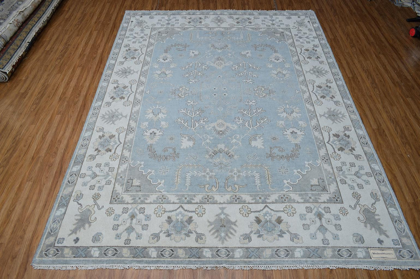 Hand Knotted Oushak Rug | Light Blue Ivory Wool Carpet 9x12