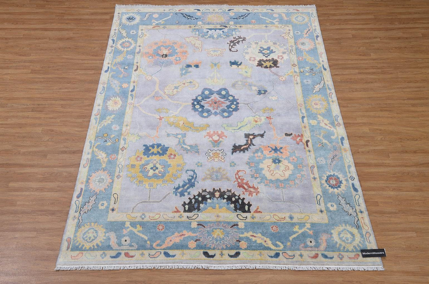 Hand-Knotted Oushak Style Rug | Pastel Blue Floral Wool Carpet 9'x12'