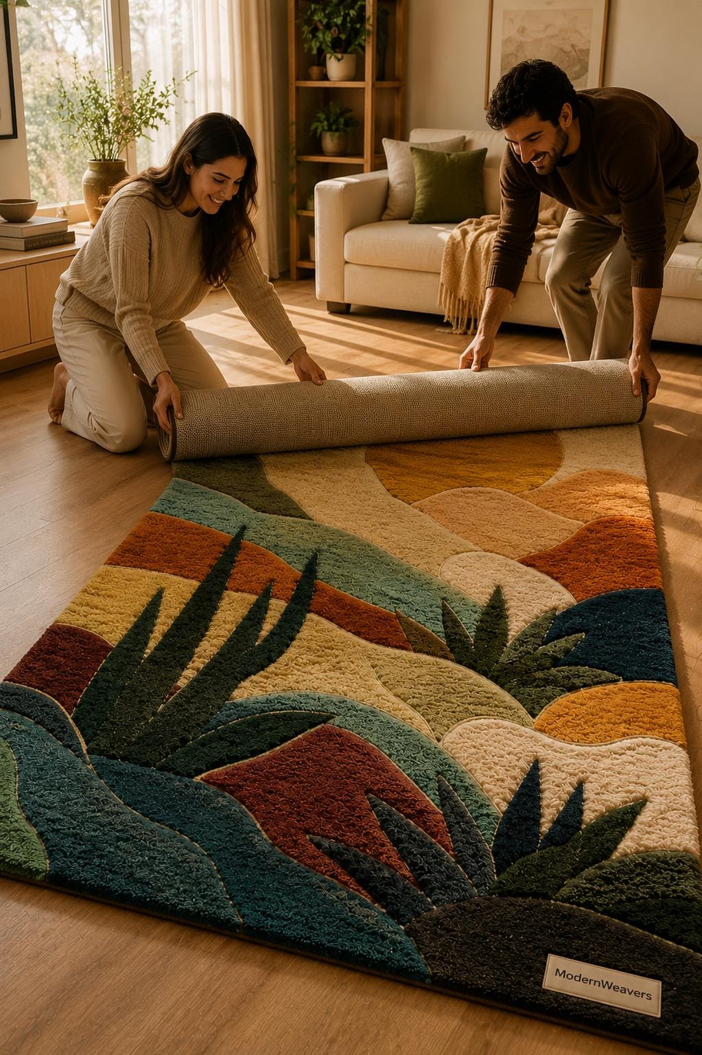 3D Abstract Desert Landscape Rug | Hand-Tufted Sunset Botanical Carpet | Southwestern Boho Decor