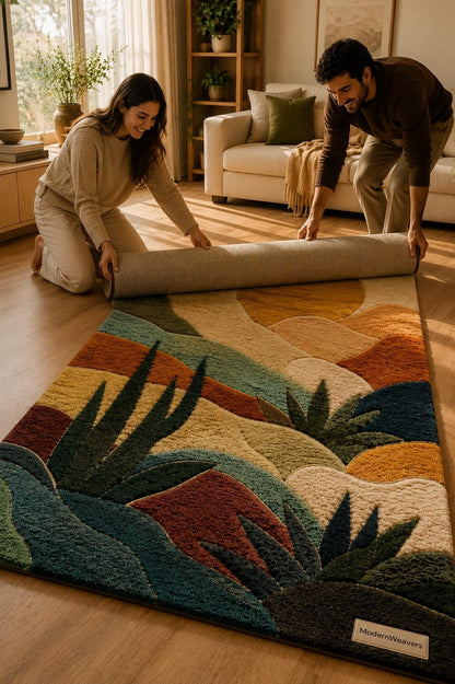 3D Abstract Desert Landscape Rug | Hand-Tufted Sunset Botanical Carpet | Southwestern Boho Decor