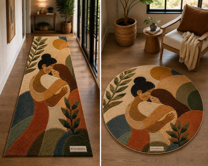 3D Carved Embrace Tufted Rug | Abstract Women Silhouette Carpet | Romantic Boho Floor Art | Earth Tone Botanical Decor | Wabi Sabi Rug