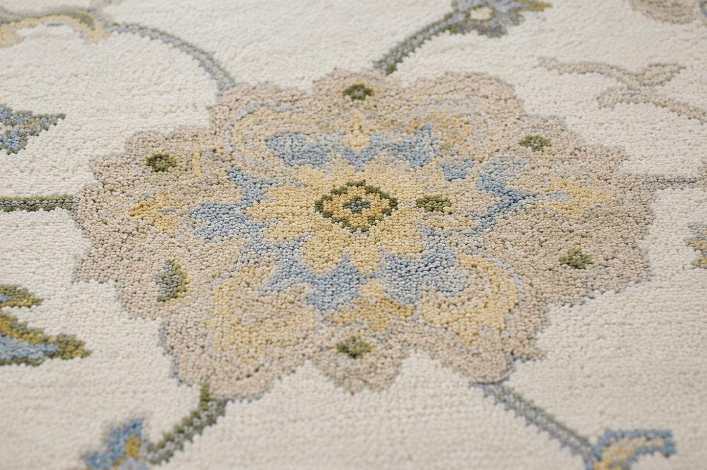 Elegant Hand-Knotted Ivory Area Rug | Soft Floral Vine Motif in Sage Green & Muted Blue | Premium Carpet for Living Room or Bedroom