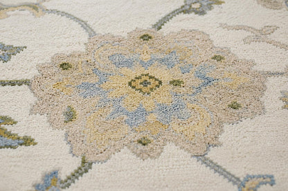 Elegant Hand-Knotted Ivory Area Rug | Soft Floral Vine Motif in Sage Green & Muted Blue | Premium Carpet for Living Room or Bedroom