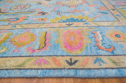 Hand-Knotted Oushak Wool Rug – 9x12 Sky Blue Floral Carpet, Indian Artisan Weave