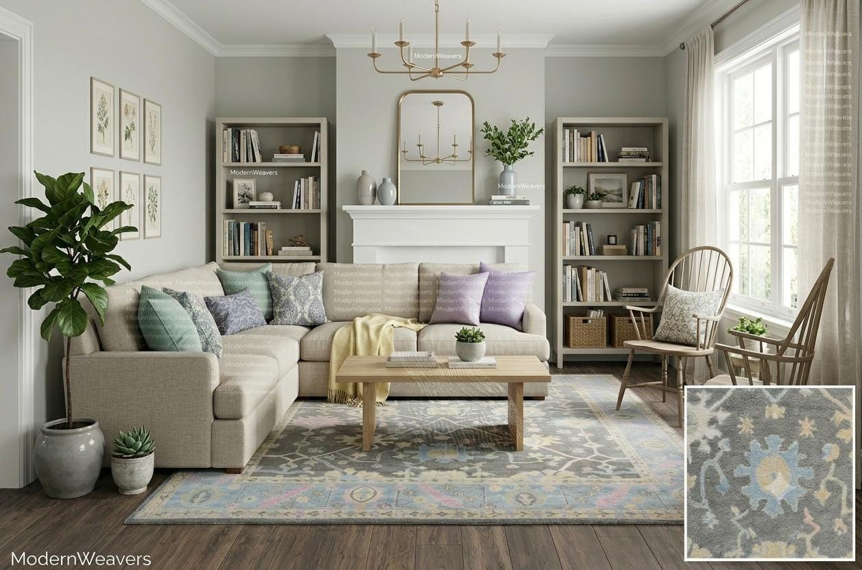 The Serana Hand-Knotted Oushak Wool Rug – 9'x12', Gray & Pastel Blue