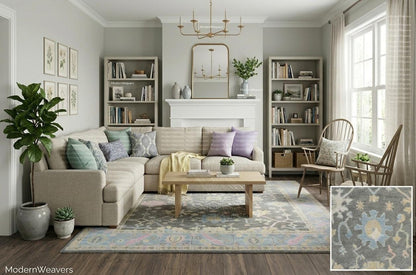 The Serana Hand-Knotted Oushak Wool Rug – 9'x12', Gray & Pastel Blue