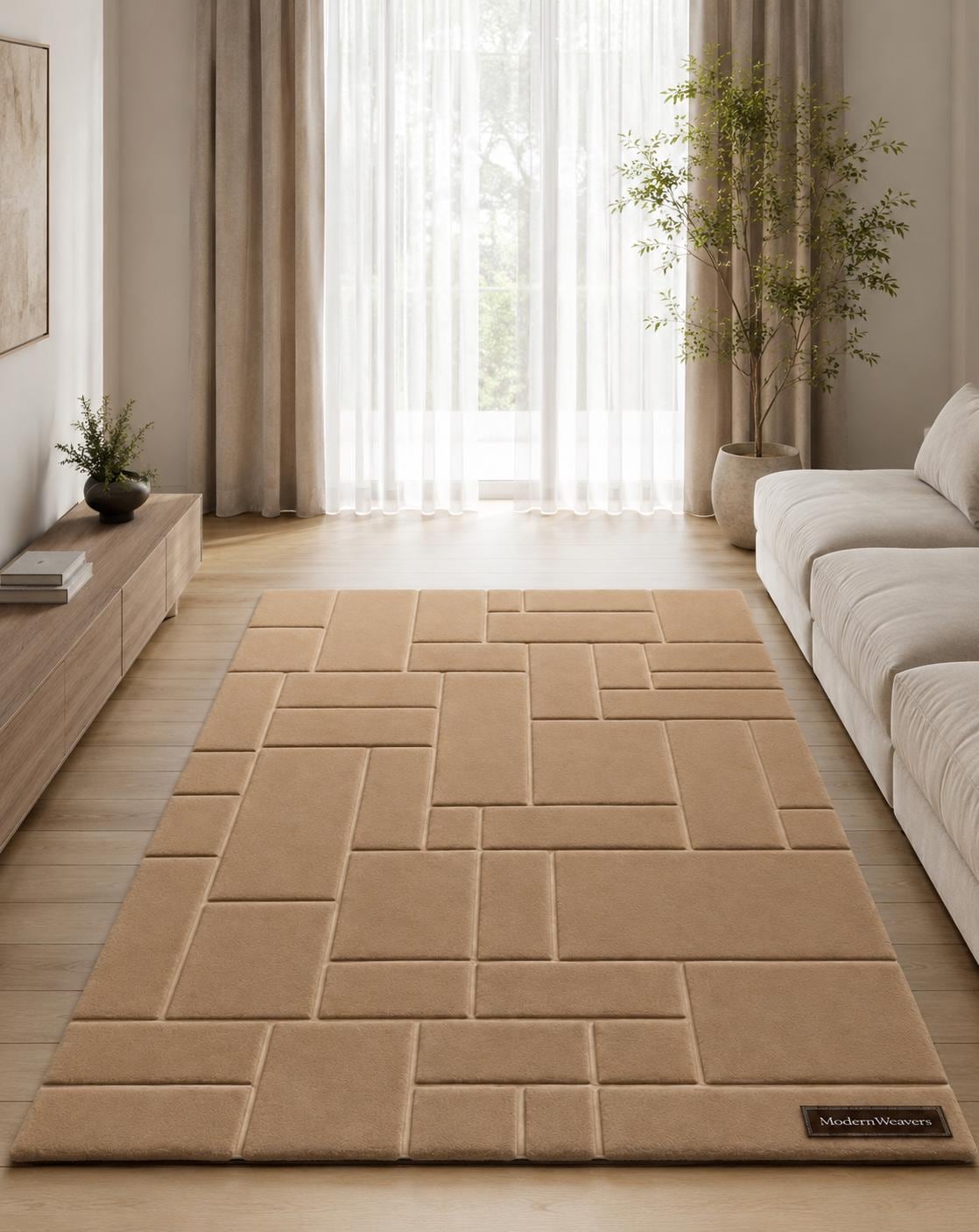 Modern Geometric Block Rug | Minimalist Tan Area Carpet | 3D Sculpted Grid Pattern | Architectural Hand Tufted Floor Art
