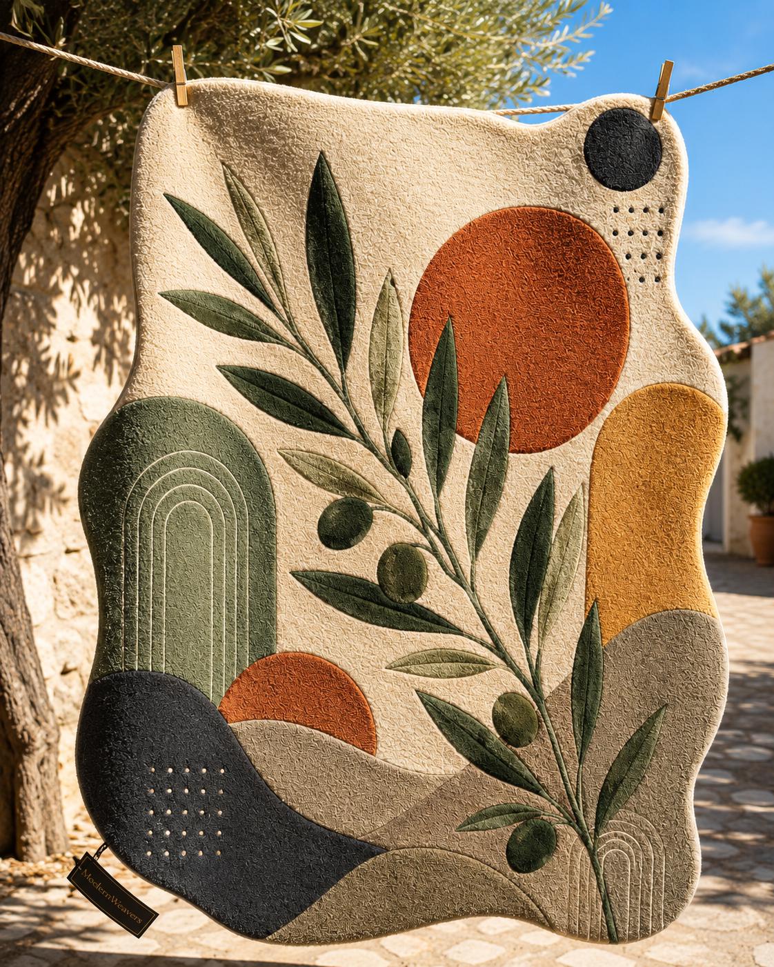Abstract Olive Branch Hand Tufted Rug | Mid Century Modern Botanical Area Rug | Terracotta & Green Boho Room Decor | Irregular Shaped Carpet