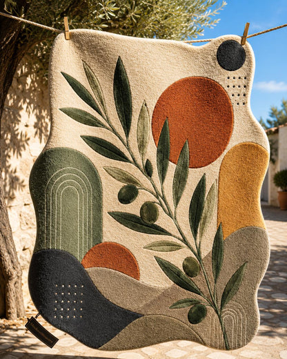 Abstract Olive Branch Hand Tufted Rug | Mid Century Modern Botanical Area Rug | Terracotta & Green Boho Room Decor | Irregular Shaped Carpet