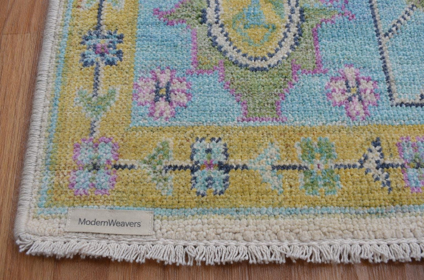 Hand-Knotted Oushak Rug | Pastel Floral Wool Area Rug | Cream, Light Blue, and Pink Transitional Rug | Large Living Room Rug
